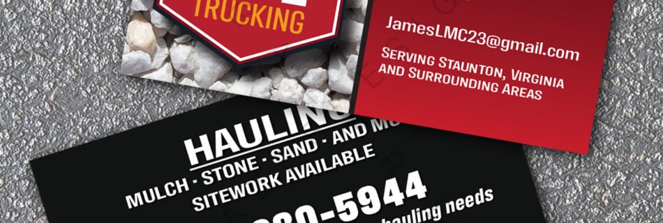 Business card design for 2JZ Trucking by Storm Gazer Designs, showing a logo with a dump truck and front and back of the card