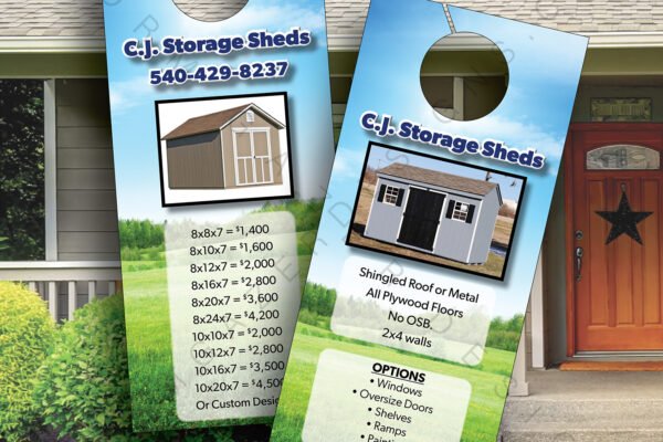 Door hanger design for C.J. Storage Buildings by Storm Gazer Designs, showcasing storage shed options.