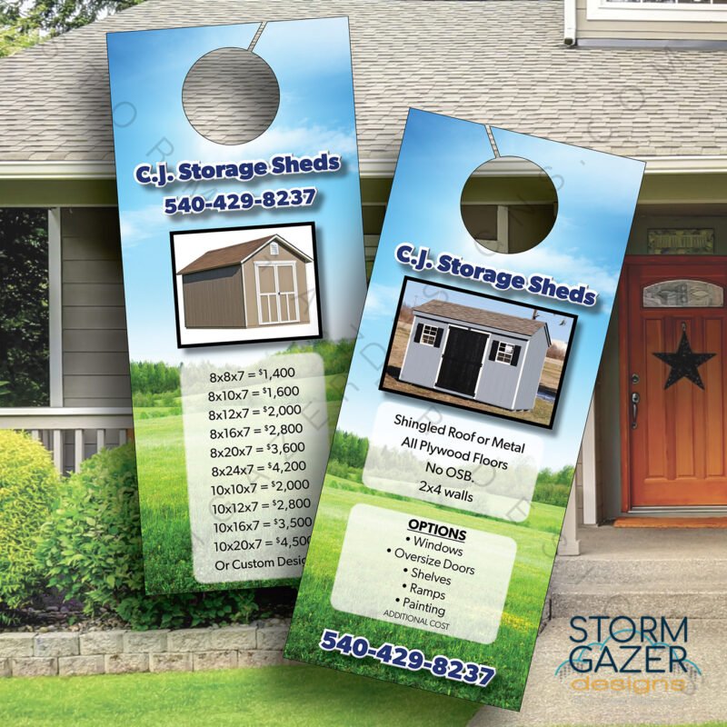 Door hanger design for C.J. Storage Buildings by Storm Gazer Designs, showcasing storage shed options.