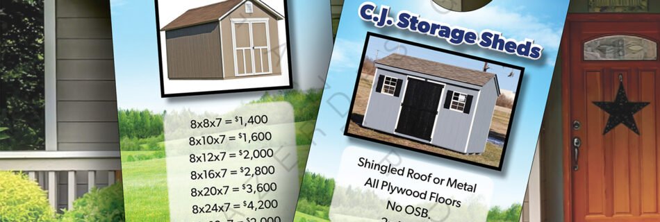 Door hanger design for C.J. Storage Buildings by Storm Gazer Designs, showcasing storage shed options.