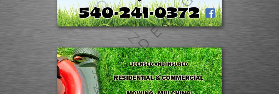 Business cards for Gibson Clean Cut Lawn Care, featuring the new shield logo and contact information.
