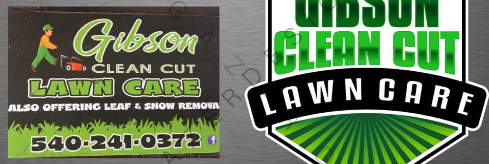 A side-by-side comparison of the old and new logos for Gibson Clean Cut Lawn Care. The old logo features a lawnmower, while the new logo is a clean, modern shield design with a company name inside.