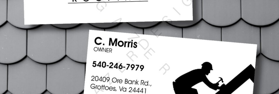 Business card design for C. Morris Roofing, featuring a roofer with a hammer and text highlighting "Hand Nailed Shingles."