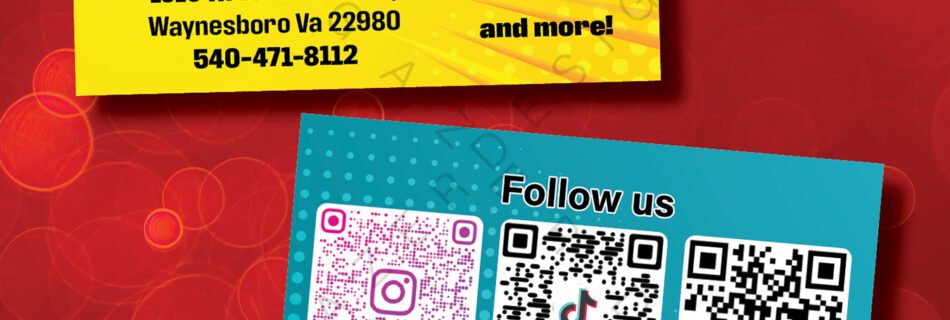 The front of a business card for Crazy Deals with a red logo and a list of products. The back of the card is blue with three QR codes for Instagram, TikTok, and Facebook.