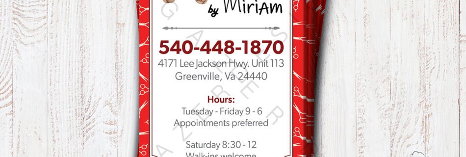 Business card design for Happy Hair by Miriam, featuring a logo with a stylized letter 'H' made of braided hair and a red color scheme.