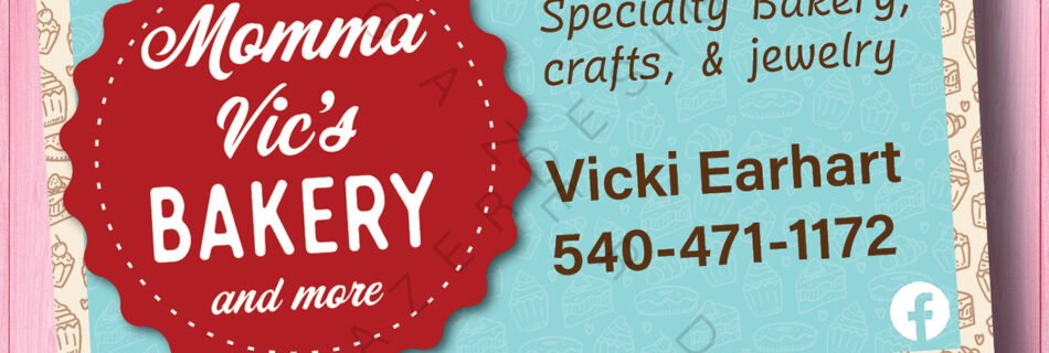 Business card design for Momma Vic's Bakery & More by Storm Gazer Designs, featuring a heart icon and a bakery sign graphic