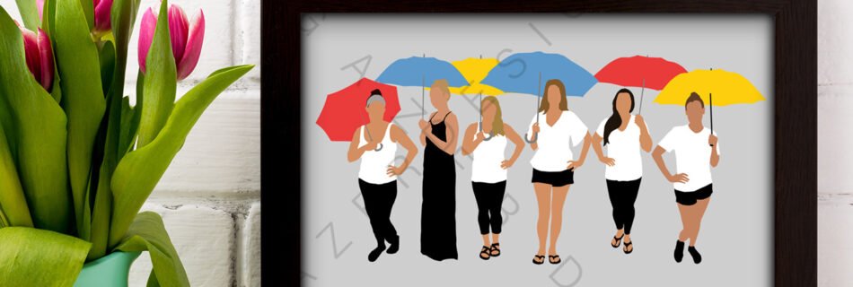 A custom illustration for a bridal gift, inspired by the TV show "Friends," featuring five women holding colorful umbrellas. The design includes the quote "I'll be there for you."