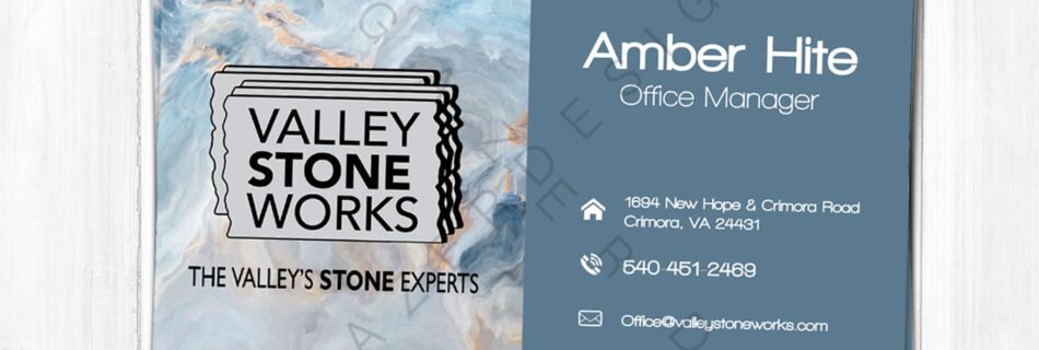 Business card design for Valley Stone Works, a company specializing in stone projects.