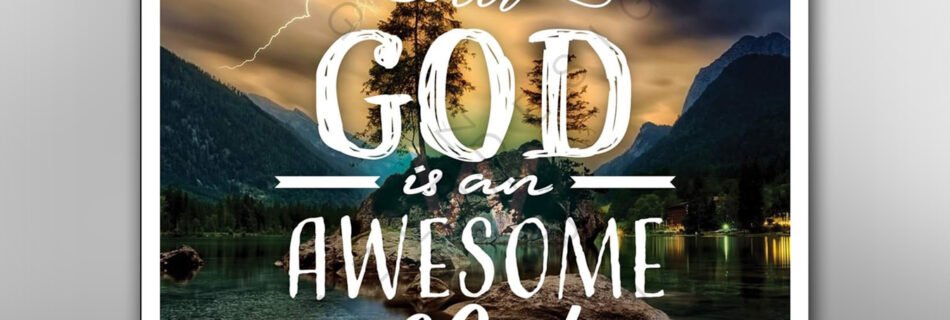 A social media graphic for the Waynesboro Church of Christ, featuring a stunning image of a lake with mountains and a stormy sky. White text overlays the image, reading "Our God is an AWESOME God." The design includes a watermark from Storm Gazer Designs.