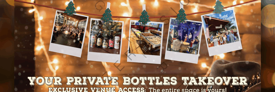 Square social media graphic promoting Bottles as "The Perfect Venue for your Holiday Party." Features multiple photos of people enjoying the venue, food, and band, alongside text detailing exclusive venue access and customizable catering.