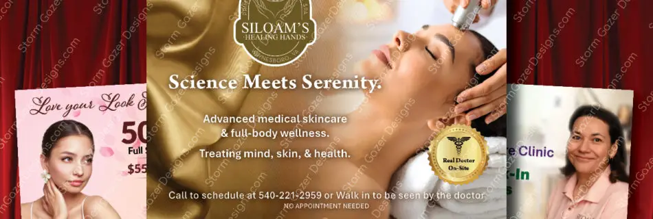 A collage of graphic design work for Siloam’s Healing Hands Medical Spa, featuring a large digital ad with the slogan "Science Meets Serenity," a "Love your Look" promotional flyer, and a brand profile card against a red velvet background