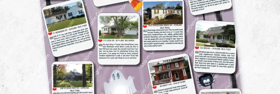 A full-page real estate advertisement for Charity Cox featuring an Instagram-style grid of home listings interspersed with Halloween graphics like ghosts, bats, and candy corn, earning a 1st Place VPA award.