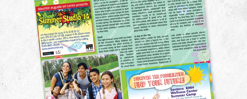 An award-winning editorial layout for "The News Virginian" Summer Camp Guide, featuring vibrant summer-themed graphics, educational articles, and multiple local business advertisements, marked with a 2nd Place Virginia Press Association award seal.