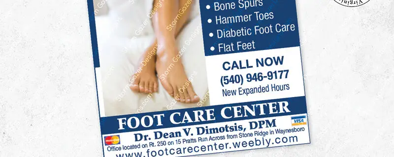An award-winning medical print advertisement for the Foot Care Center of Dr. Dean V. Dimotsis in Waynesboro, VA, featuring a 2nd Place Virginia Press Association award seal, a list of podiatry services, and a clean blue and white color scheme.