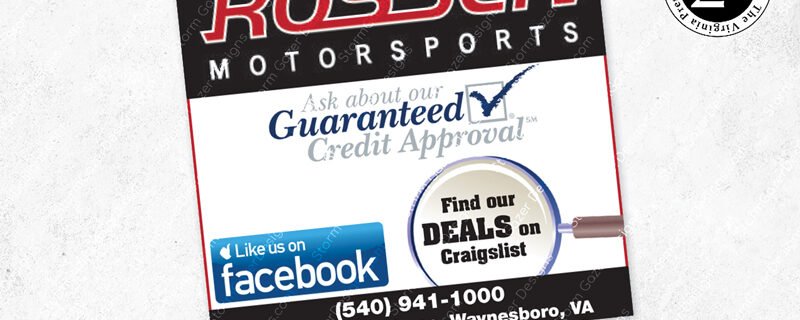 An award-winning automotive print advertisement for Rosser Motorsports in Waynesboro, VA, featuring the 2nd place Virginia Press Association award seal and a clean layout with social media calls-to-action.