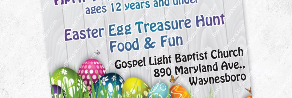 A 3rd Place Virginia Press Association award-winning event advertisement for Gospel Light Baptist Church's "Spring Fun Fest," featuring colorful Easter eggs in green grass against a white wood-plank background with playful purple and blue typography.