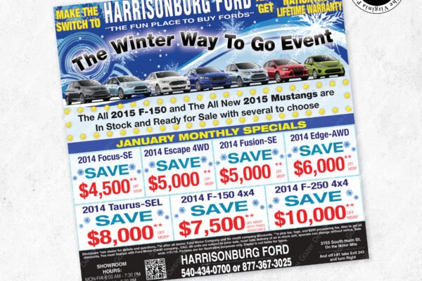 A 1st Place Virginia Press Association award-winning automotive advertisement for Harrisonburg Ford's "Winter Way To Go Event," featuring a colorful lineup of Ford vehicles, prominent "SAVE" callouts for various 2014 models, and a snowy winter theme.
