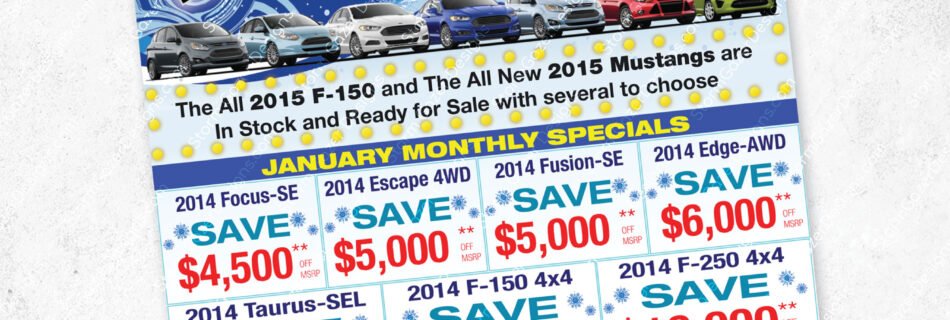 A 1st Place Virginia Press Association award-winning automotive advertisement for Harrisonburg Ford's "Winter Way To Go Event," featuring a colorful lineup of Ford vehicles, prominent "SAVE" callouts for various 2014 models, and a snowy winter theme.