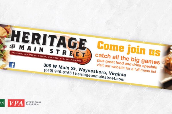 A 3rd Place Virginia Press Association award-winning horizontal strip advertisement for Heritage on Main Street in Waynesboro, VA, featuring a basketball theme, photos of a gourmet burger and a beer, and an invitation to watch big games.