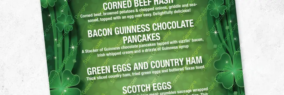A 1st Place Virginia Press Association award-winning St. Patrick's Day brunch menu advertisement for Heritage on Main, featuring a green shamrock-patterned background, elegant white typography, and detailed descriptions of Irish-themed dishes like "Bacon Guinness Chocolate Pancakes".