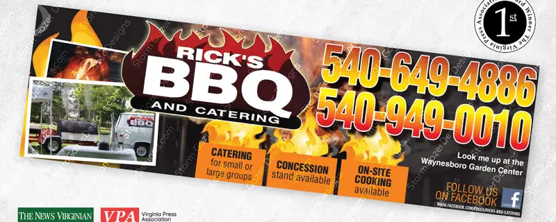 A 1st Place Virginia Press Association award-winning horizontal banner advertisement for Rick's BBQ and Catering in Waynesboro, featuring fiery graphics, catering service details, large contact phone numbers, and photos of their catering setup.