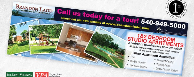 A 1st Place Virginia Press Association award-winning horizontal banner advertisement for Brandon Ladd Apartments & Townhomes in Waynesboro, featuring property photos, a list of amenities, and a prominent pink "Call us today" call-to-action.