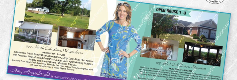 A 2nd Place Virginia Press Association award-winning horizontal real estate advertisement for Amy Argenbright of RE/MAX Advantage, featuring two open house listings with detailed descriptions and property photos set against a bright teal and cream background.