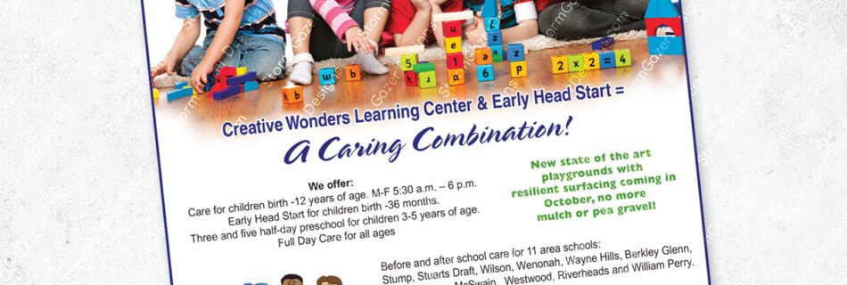 2016 VPA 3rd Place award-winning advertisement for Creative Wonders Learning Center featuring children playing with blocks and a detailed list of childcare services.
