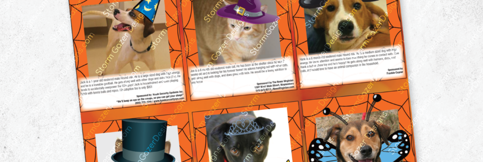 2016 VPA award-winning "Adopt a Pet" newspaper sponsorship page featuring shelter animals in Halloween costumes with local business sponsor blocks.
