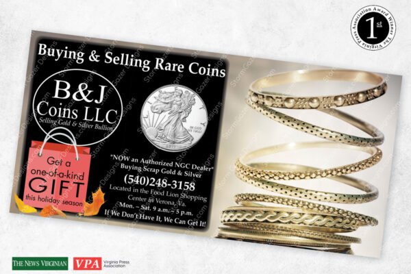 2017 VPA 1st Place award-winning jewelry advertisement for B&J Coins featuring a clean layout and "We Buy Gold" call to action.