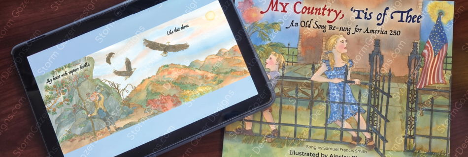 A tablet displaying a digital eBook layout next to the physical paperback cover of the children's book My Country, 'Tis of Thee illustrated by Ainsley Bloomfield.